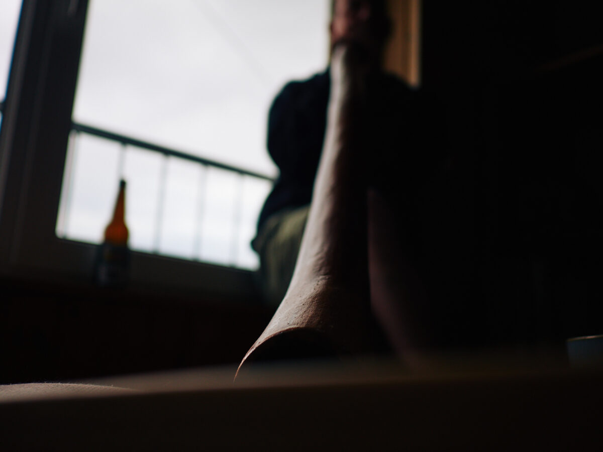 A didgeridoo photographed from below